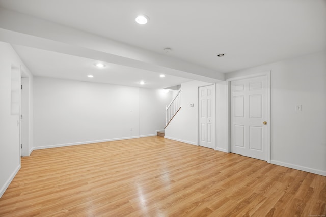 1343 Baldwin Hill Rd, Ledyard, CT 06335 - finished basement featuring stairway, recessed lighting, light wood-style floors, and baseboards