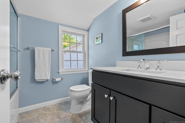 309 N Grand St, Suffield, CT 06093 - full bath with baseboards, vaulted ceiling, vanity, toilet, and shower / bath combination with glass door