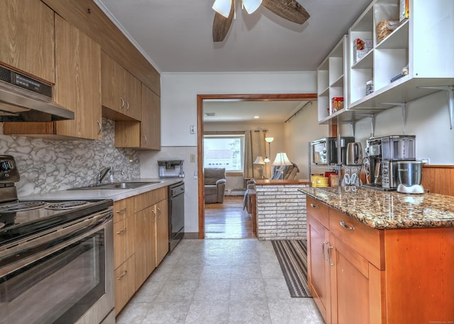 27 Aircraft Rd, West Haven, CT 06516 - kitchen featuring stainless steel electric stove, black dishwasher, a sink, a ceiling fan, and under cabinet range hood