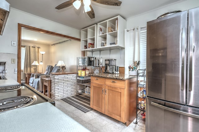 27 Aircraft Rd, West Haven, CT 06516 - kitchen with freestanding refrigerator, a ceiling fan, open shelves, an office area, and ornamental molding
