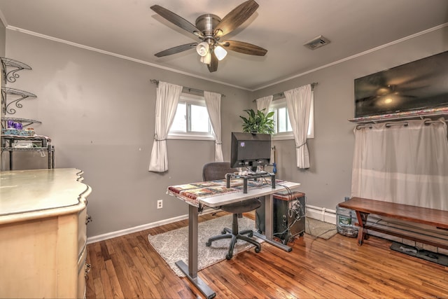 27 Aircraft Rd, West Haven, CT 06516 - office space with hardwood / wood-style floors, crown molding, baseboards, a ceiling fan, and a baseboard radiator