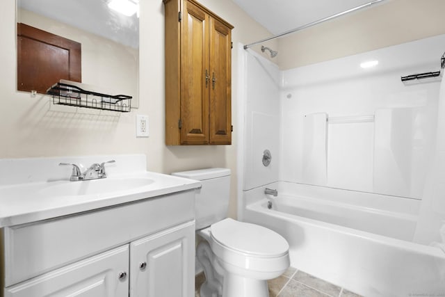 full bath with toilet, shower / washtub combination, tile patterned flooring, and vanity