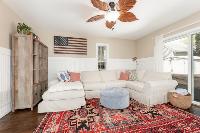 39 Wildemere Ave, Milford, CT 06460 - living area featuring a ceiling fan, wainscoting, and dark wood finished floors