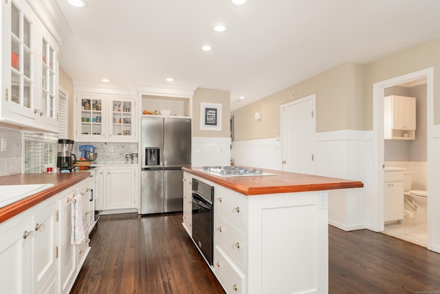 39 Wildemere Ave, Milford, CT 06460 - kitchen featuring oven, dark wood-style floors, stainless steel refrigerator with ice dispenser, a wainscoted wall, and wood counters