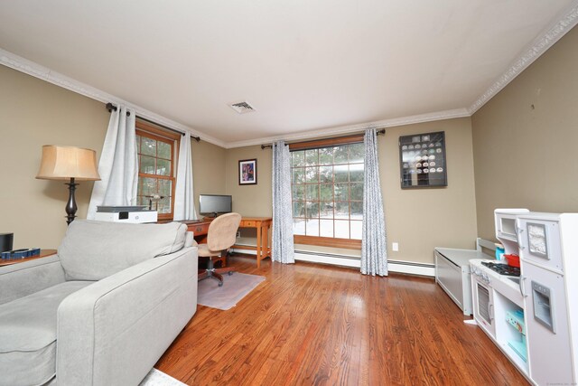 227 Hany Ln, Vernon, CT 06066 - home office with wood finished floors, ornamental molding, and a baseboard heating unit