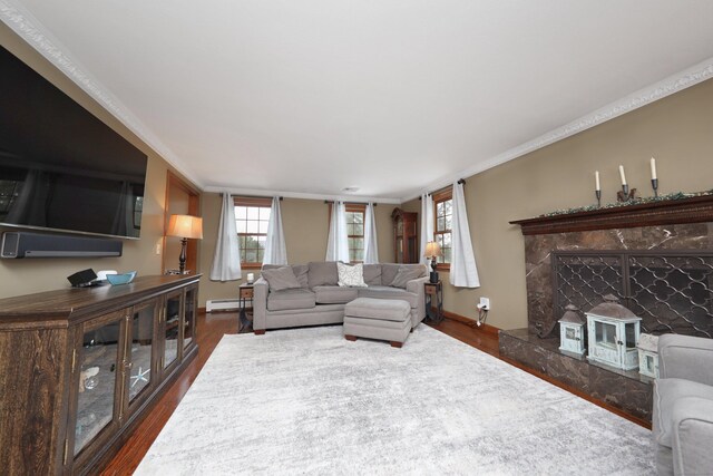 227 Hany Ln, Vernon, CT 06066 - living room with a baseboard radiator, dark wood-type flooring, ornamental molding, and baseboards