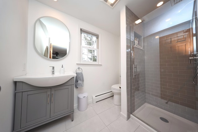 227 Hany Ln, Vernon, CT 06066 - bathroom featuring a baseboard heating unit, toilet, tile patterned floors, a shower stall, and vanity