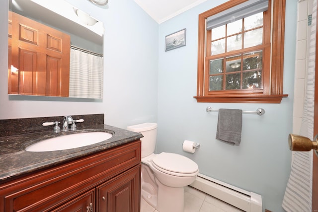 227 Hany Ln, Vernon, CT 06066 - full bathroom featuring a baseboard heating unit, tile patterned floors, crown molding, toilet, and vanity