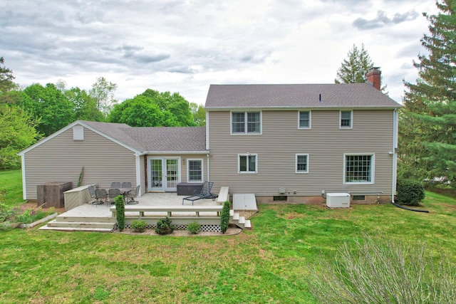 227 Hany Ln, Vernon, CT 06066 - back of house featuring a deck, a chimney, a lawn, and french doors
