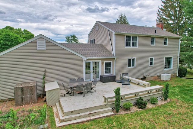 227 Hany Ln, Vernon, CT 06066 - rear view of property with a wooden deck, a chimney, a yard, a shingled roof, and outdoor dining area