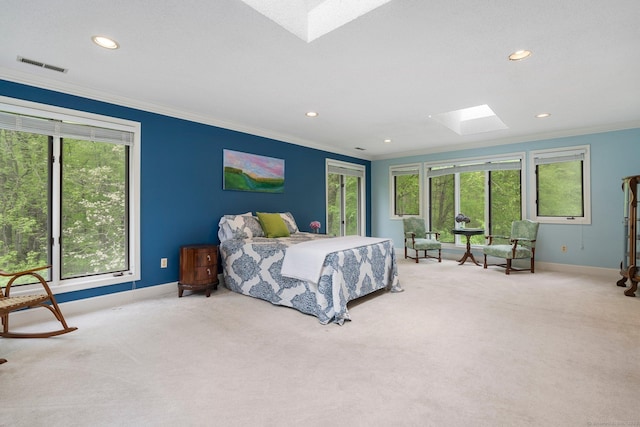 498 Eastbury Hill Rd, Glastonbury, CT 06033 - carpeted bedroom with a skylight, crown molding, baseboards, and recessed lighting
