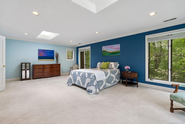 498 Eastbury Hill Rd, Glastonbury, CT 06033 - bedroom with a skylight, ornamental molding, baseboards, multiple windows, and carpet floors