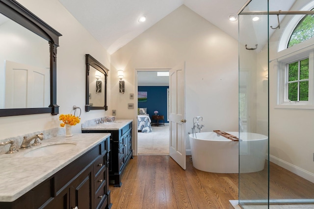 498 Eastbury Hill Rd, Glastonbury, CT 06033 - full bathroom featuring vaulted ceiling, wood finished floors, a freestanding tub, walk in shower, and two vanities