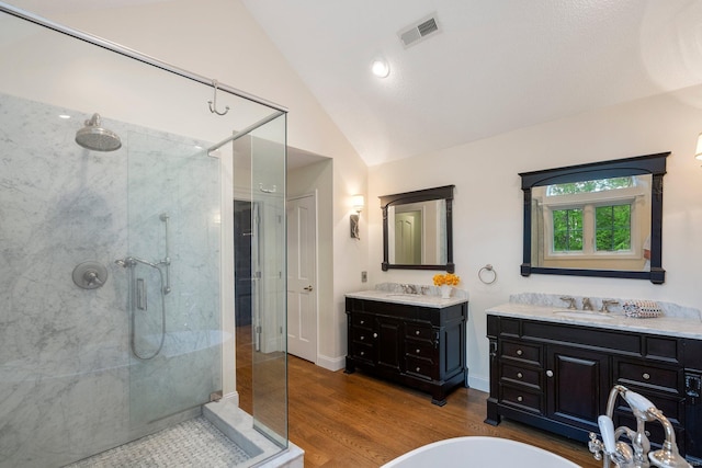 498 Eastbury Hill Rd, Glastonbury, CT 06033 - full bath with vaulted ceiling, a walk in shower, vanity, and wood finished floors