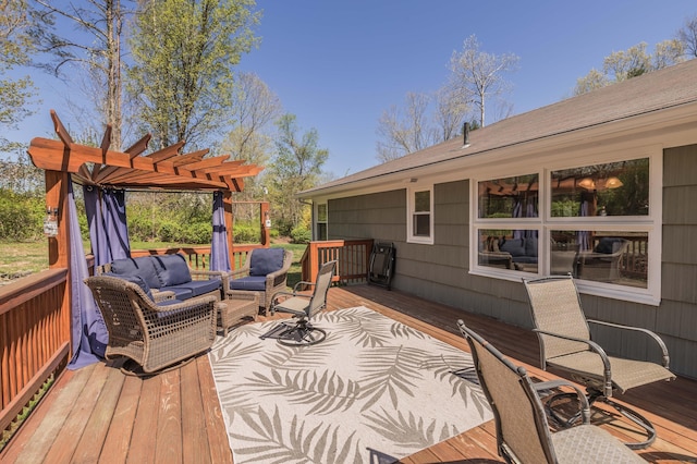 97 Doolittle Dr, Bethany, CT 06524 - wooden terrace with an outdoor hangout area and a pergola