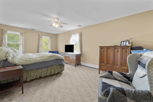 200 Sachem Head Rd, Guilford, CT 06437 - bedroom with a baseboard heating unit, light colored carpet, and a ceiling fan
