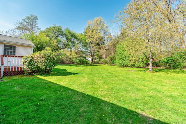 view of grassy yard featuring a deck