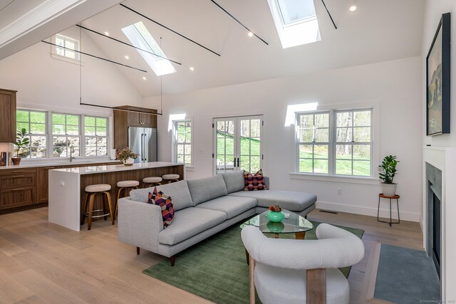 24 Tompkins Hill Rd, Washington, CT 06793 - living area featuring a skylight, high vaulted ceiling, light wood finished floors, a fireplace with flush hearth, and baseboards