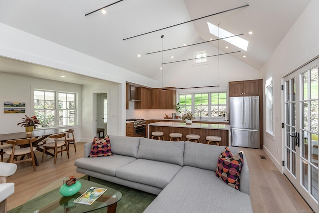 24 Tompkins Hill Rd, Washington, CT 06793 - living room with a skylight, light wood-type flooring, high vaulted ceiling, plenty of natural light, and recessed lighting