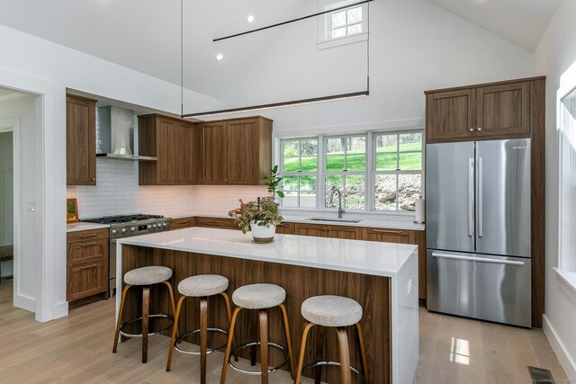 24 Tompkins Hill Rd, Washington, CT 06793 - kitchen featuring stainless steel appliances, wall chimney exhaust hood, a sink, light wood-style flooring, and light countertops