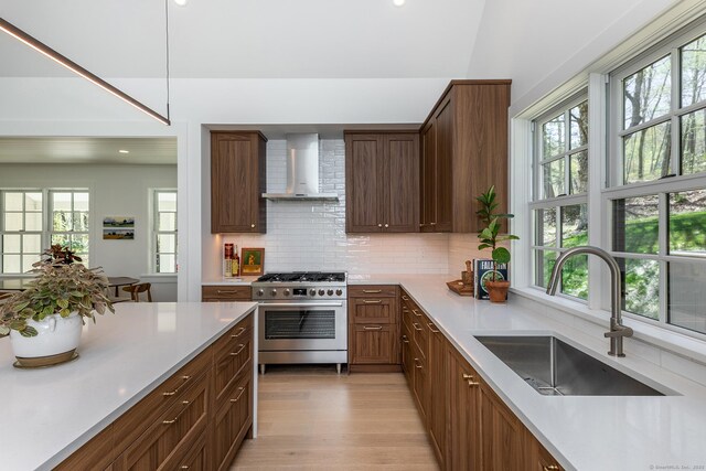 24 Tompkins Hill Rd, Washington, CT 06793 - kitchen with high end stainless steel range oven, wall chimney exhaust hood, a sink, plenty of natural light, and recessed lighting