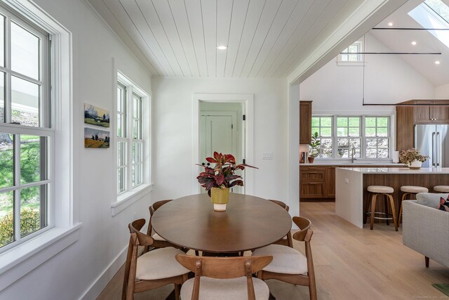24 Tompkins Hill Rd, Washington, CT 06793 - dining area with light wood-type flooring, plenty of natural light, recessed lighting, and a skylight