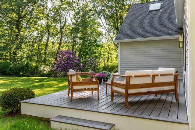 24 Tompkins Hill Rd, Washington, CT 06793 - wooden deck featuring an outdoor hangout area and a lawn