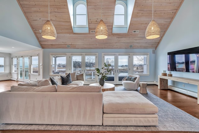 29 Covelee Dr, Norwalk, CT 06855 - living area with high vaulted ceiling, wooden ceiling, wood finished floors, baseboard heating, and healthy amount of natural light