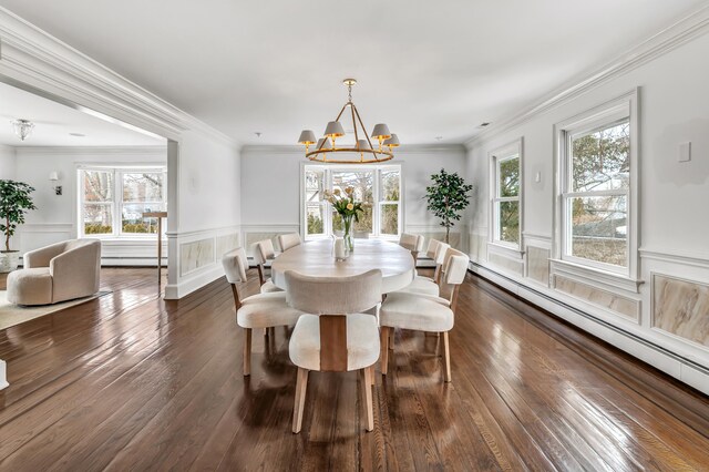 dining space with a baseboard radiator, a notable chandelier, a wealth of natural light, and dark wood-style floors