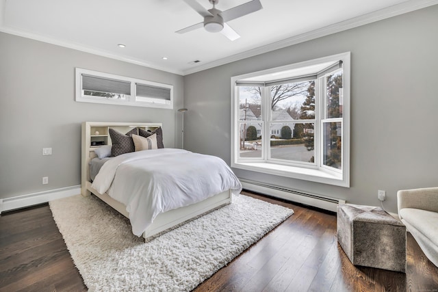 bedroom with a baseboard radiator, ornamental molding, recessed lighting, and dark wood-type flooring