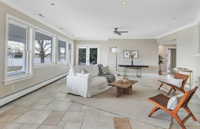 living room featuring crown molding, light tile patterned flooring, ceiling fan, recessed lighting, and a baseboard heating unit