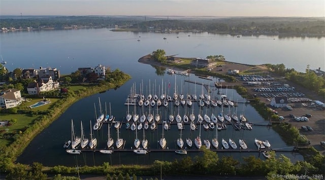 drone / aerial view featuring a water view