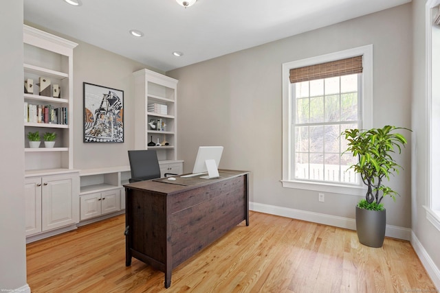 office with baseboards, recessed lighting, and light wood finished floors