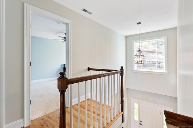 staircase with visible vents, baseboards, ceiling fan with notable chandelier, and wood finished floors