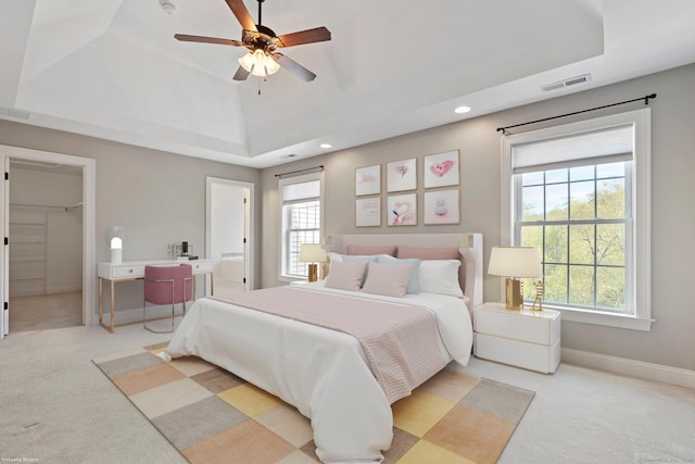 bedroom with a raised ceiling, multiple windows, and carpet flooring
