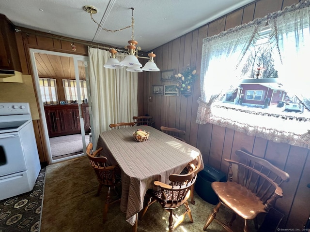 dining area featuring wooden walls