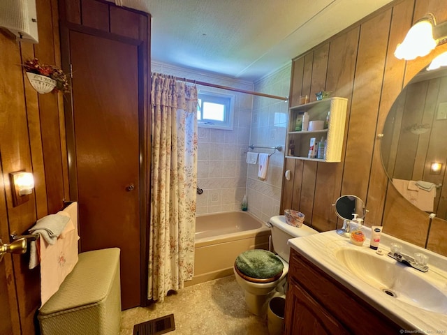 bathroom with toilet, visible vents, shower / bath combo, and vanity