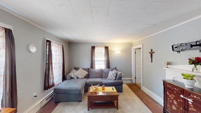 129 Walnut St, Windham, CT 06226 - living area with baseboards, baseboard heating, crown molding, and wood finished floors