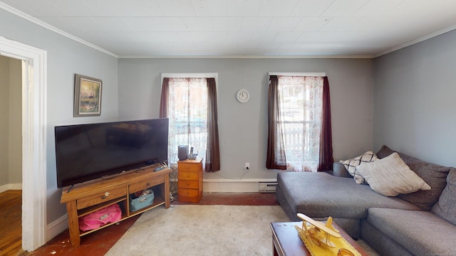 129 Walnut St, Windham, CT 06226 - living area with a baseboard heating unit, crown molding, and plenty of natural light