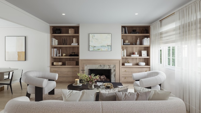 183 Pepperidge Cir, Fairfield, CT 06824 - living area featuring wood finished floors, a fireplace, built in features, and recessed lighting