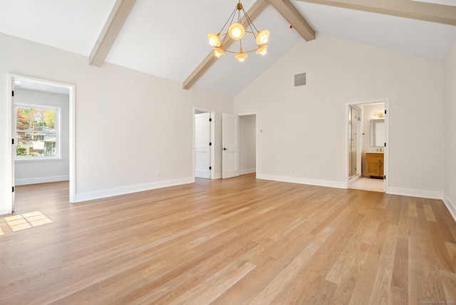 183 Pepperidge Cir, Fairfield, CT 06824 - unfurnished living room featuring a chandelier, beamed ceiling, high vaulted ceiling, light wood finished floors, and baseboards