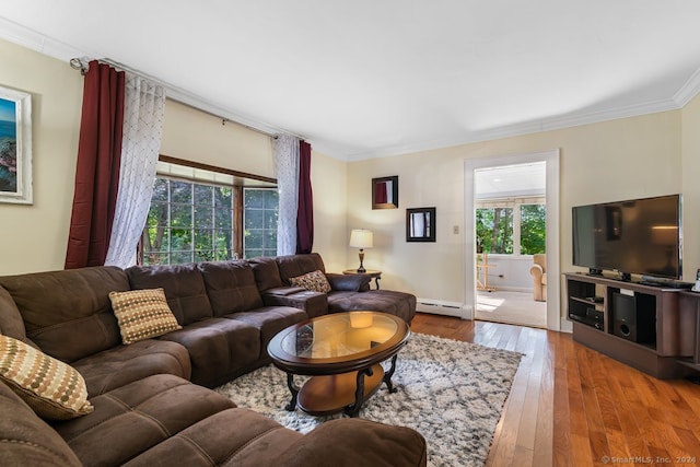 living room featuring ornamental molding, a wealth of natural light, and hardwood / wood-style floors