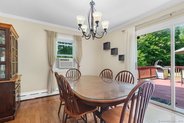 dining area with cooling unit, a chandelier, wood finished floors, a baseboard heating unit, and ornamental molding