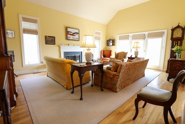 living area featuring a glass covered fireplace, hardwood / wood-style floors, and lofted ceiling