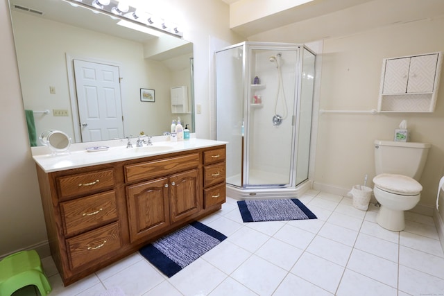 full bathroom featuring toilet, a stall shower, vanity, and tile patterned flooring