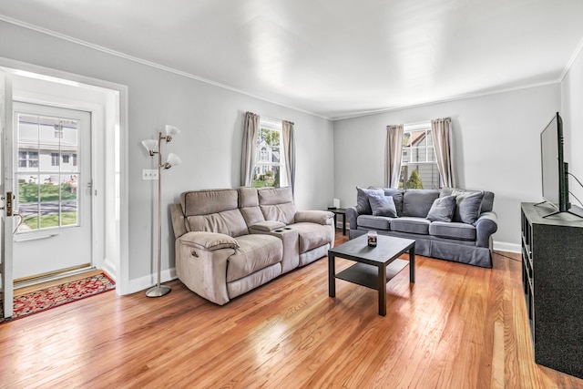 living area featuring a healthy amount of sunlight, crown molding, and light wood-style floors