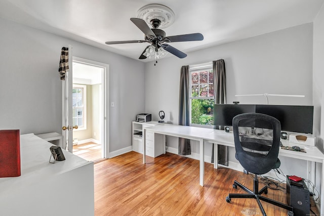 office space with baseboards, a ceiling fan, and light wood-style flooring