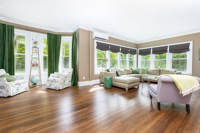290 Waterville Rd, Avon, CT 06001 - living room featuring an AC wall unit, wood finished floors, ornamental molding, and baseboards