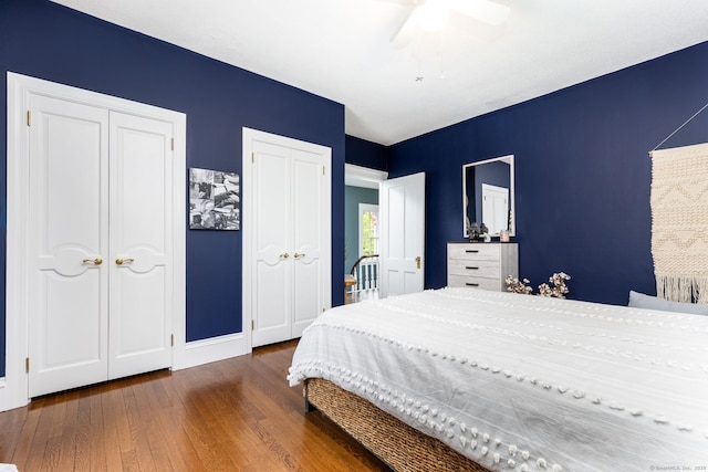 290 Waterville Rd, Avon, CT 06001 - bedroom with two closets, wood finished floors, ceiling fan, and baseboards