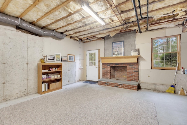 basement with a fireplace